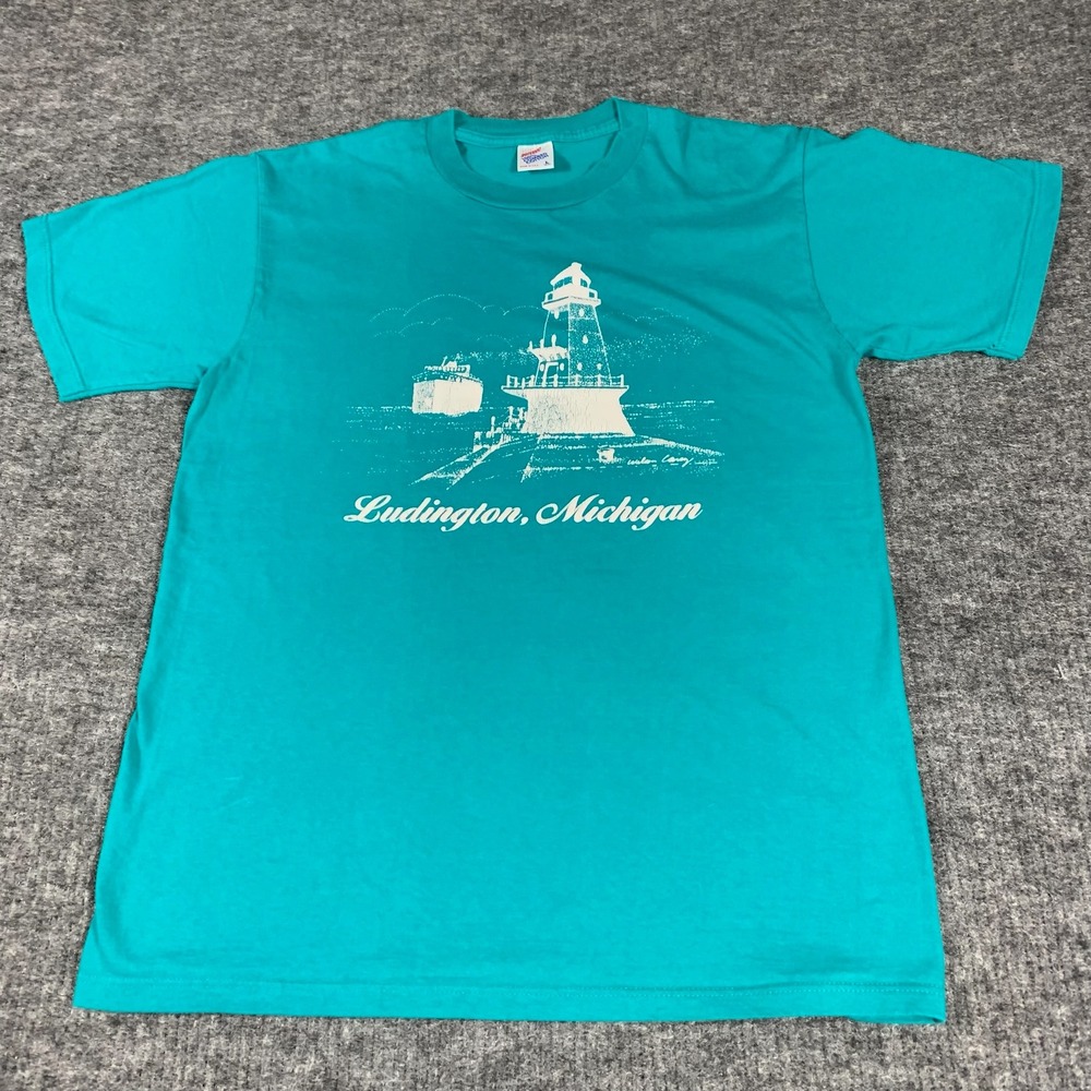 Vintage Jerzees T Shirt Mens L Teal Ludington Michigan Lighthouse Graphic 90s